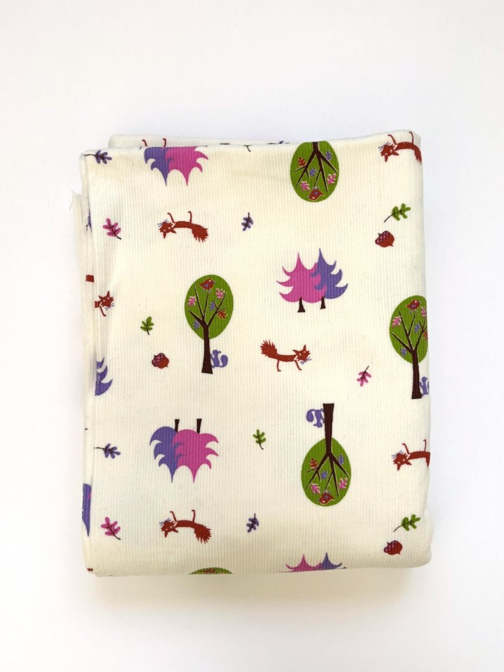 Off-White Fox Corduroy Fabric Cotton Squirrel Acorns Narrow Wale 1 Yd, 58" Wide